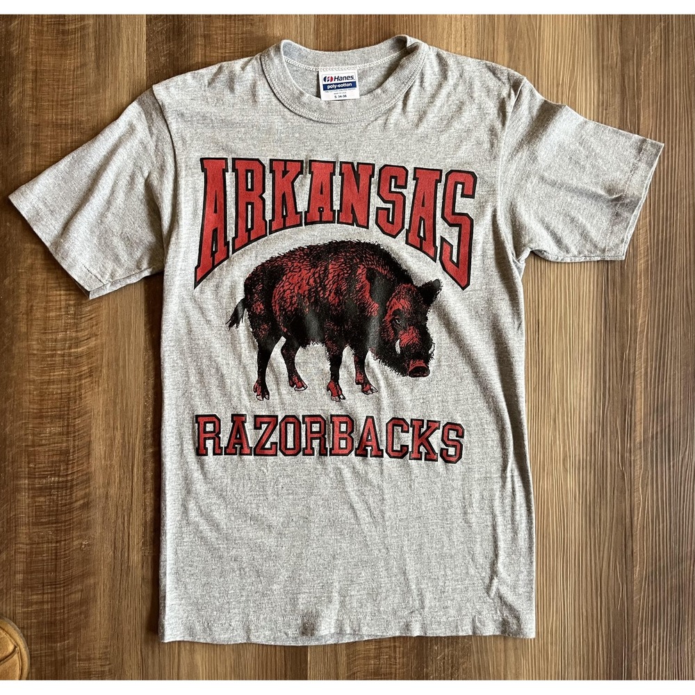Vintage‎ Arkansas Razorbacks Shirt Mens Small Gray Red NCAA Football Hanes 80s